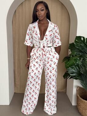 Cherry Pop Wide-leg Pants Set Summer Vacation Size S